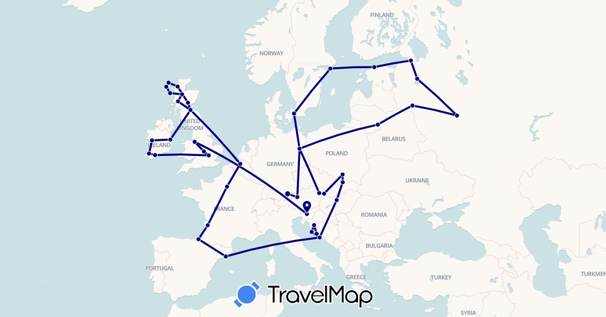 TravelMap itinerary: driving in Austria, Belgium, Germany, Denmark, Estonia, Spain, France, United Kingdom, Croatia, Hungary, Ireland, Lithuania, Poland, Russia, Sweden, Slovenia, Slovakia (Europe)